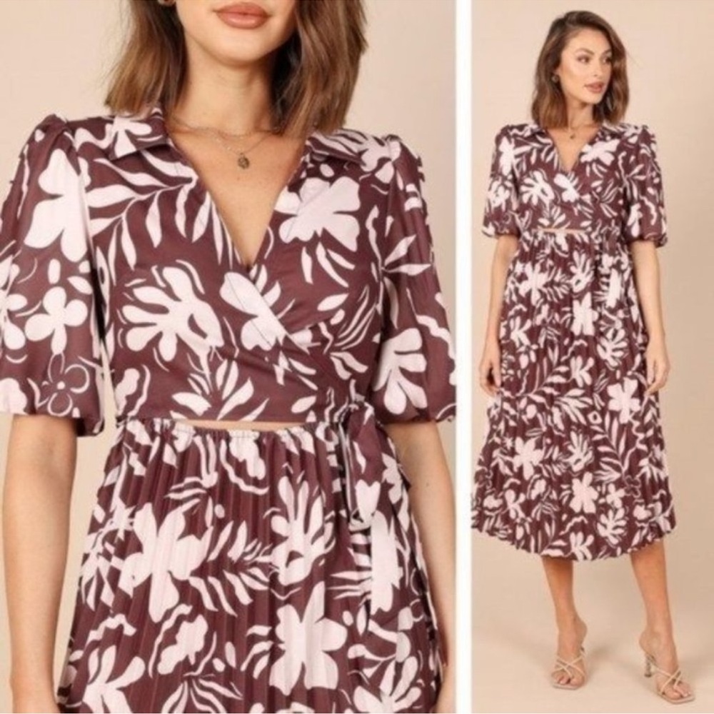 Petal & Pup NEW Amada Linen Pleated Puff Sleeve Midi Dress Floral Size L